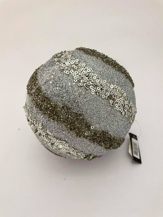 J-Line Kerstbal gestreept zilver/paillette 12cm
