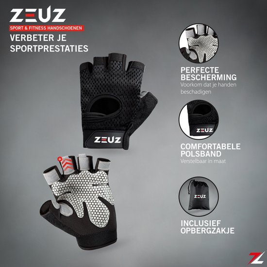 Zwarte ZEUZ sport- en fitnesshandschoenen, met grip, polsband en opbergzakje.