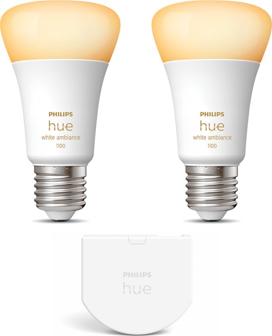Philips Hue Uitbreidingspakket E27 White Ambiance - 2 Hue LED Lampen en Wall Switch - Warm tot Koelwit Licht - Dimbaar