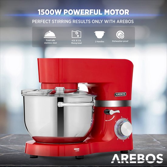 AREBOS Keukenmachine - 1500W - Keukenrobot - 5,5L&4,5L - Keukenmixer - Foodprocessor - Roestvrij Stalen Mengkom - 6 Snelheden - Rood van AREBOS — afbeelding 3