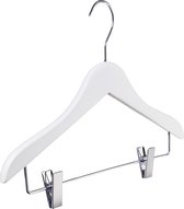 [Set van 5] Prachtige witte houten baby kledinghangers / Kinder kledinghangers met knijpers voor rokjes en broekjes 36cm