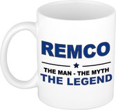 Nom cadeau Remco - L'homme, le mythe la légende tasse à café / tasse 300 ml - nom / noms tasses - Cadeau pour anniversaire / fête des pères / retraite / succès / merci