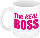 Le vrai patron cadeau tasse à café / tasse à thé blanc avec lettres majuscules roses - 300 ml - céramique - tasse de texte amusant / tasse cadeau