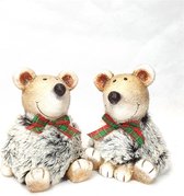 Mansion atmosphere - Kerstdecoratie - Set van 2 zittende beren met strik - 8x7x9 cm