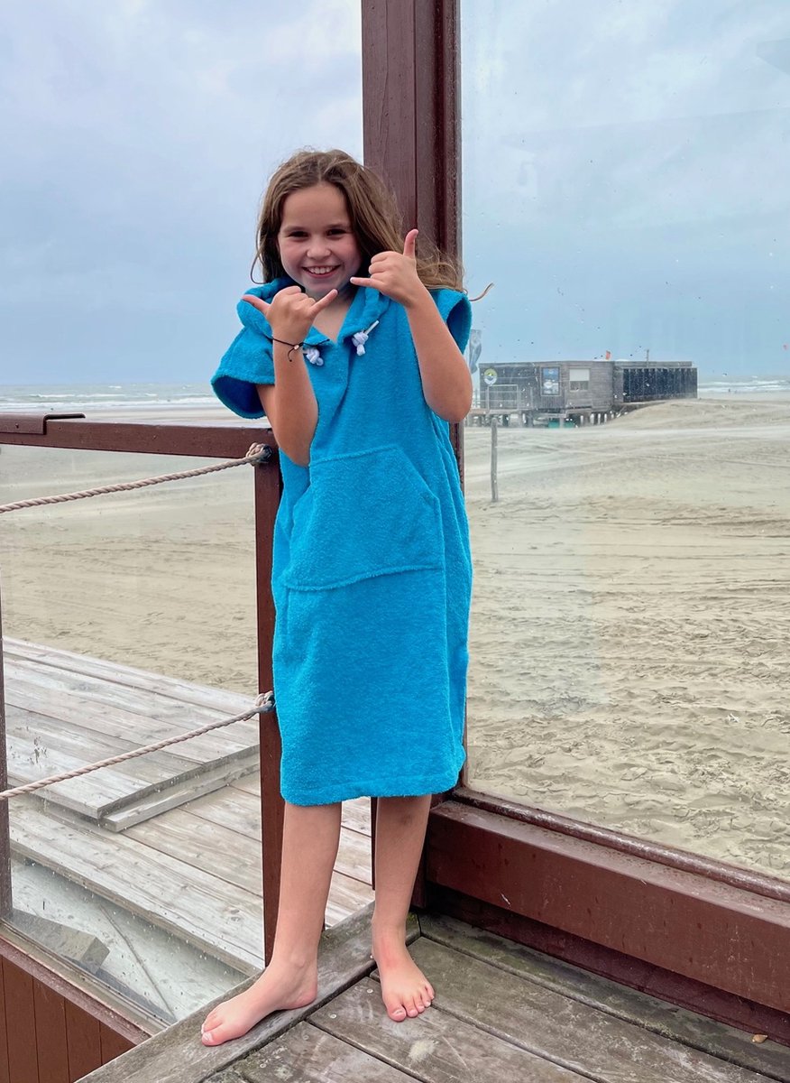 Surfponcho Kind Turquoise - 12-14 jaar - met Capuchon - 100% Katoen, Badstof 450 gr/m2 - Unisex - Jongens & Meisjes - Poncho - Badcape -Surf Accessoires
