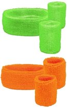 4 Sets zweetbandjes - 2 polsbandjes, 1 hoofdband - 2x neon oranje + 2x neon groen