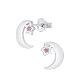 Joy|S - Zilveren maan oorbellen - ster zirkonia roze - 7 x 9 mm