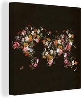 Wanddecoratie Wereldkaart - Rozen - Lelie - Bloemen - Canvas - 50x50 cm