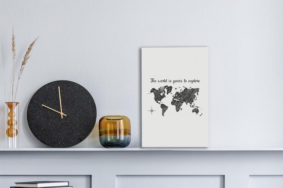 Décoration murale Carte du Wereldkaart - Citations - Zwart - Wit - Toile - 20x30 cm