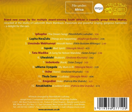 Cd-hoes met een gele achtergrond. Twaalf nummers van de a capella groep Afrika Mamas, met een barcode onderaan.