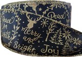 Kerst Lint met IJzerdraad | Luxe Weefband 63mm (6,3cm) | Merry Christmas Joy Peace | Lurex Gouden Rand | Zwart Goud Glitter Kerstlint | Stoffen Lint | Cadeaulint | Decoratielint |
