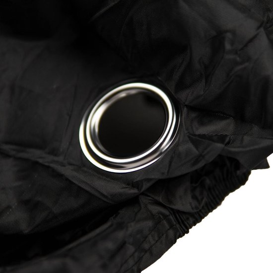 Zwarte fietsbedekking met metalen ringen en elastische zoom.