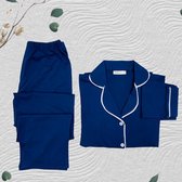 Dames Pyjama | Katoen | Lange Mouw | Lange Pyjama Broek |2-delige set | Maat XL | Maat 48/50 | MARINEBLAUW