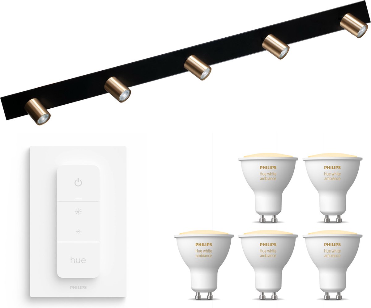 Masterlight Bounce Opbouwspot met Philips Hue White Ambiance GU10 & Dimmer Switch - Spotjes Opbouw - 5 Lichtpunten - Bluetooth - Zwart Messing