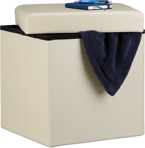 siège relaxdays avec espace de rangement - 38 x 38 x 38 cm - cuir synthétique - pouf - espace de rangement crème