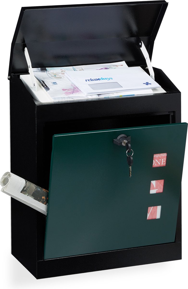 brievenbus muur - staal - met slot - 53 x 43,5 x 26 cm - groot - zwart-groen