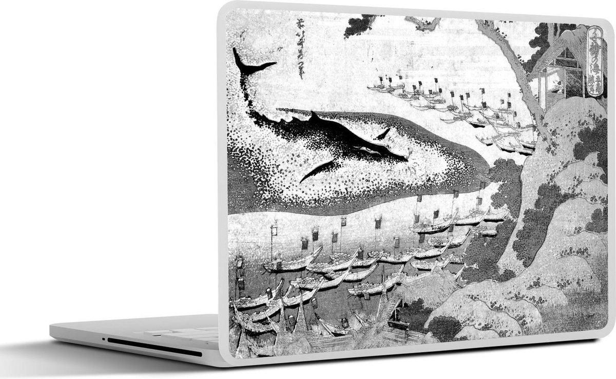 Afbeelding van product SleevesAndCases  Laptop sticker - 13.3 inch - Een walvis bij Goto - schilderij van Katsushika Hokusai - zwart wit