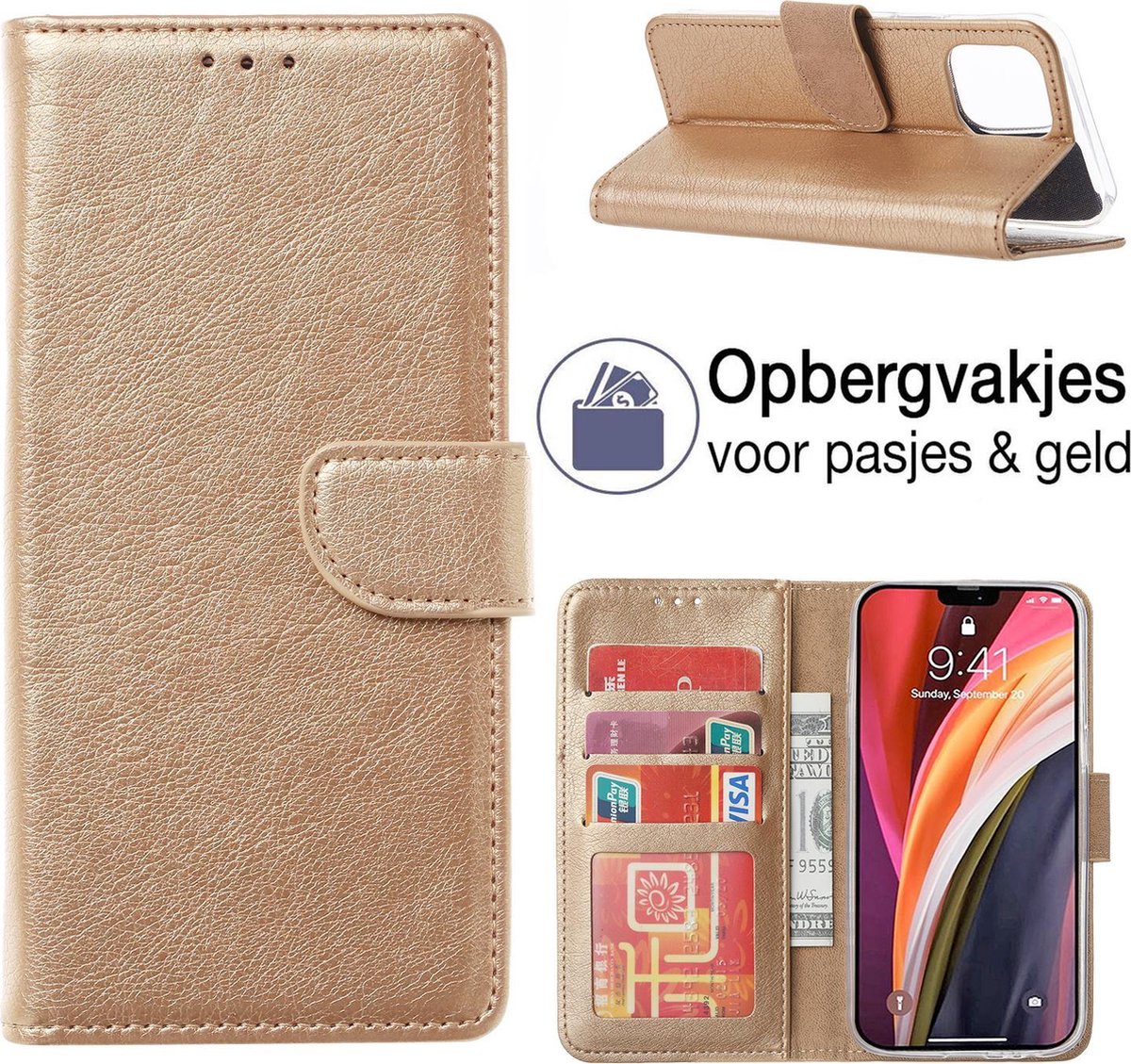 iPhone 13 Hoesje - book case - iPhone 13 portemonnee wallet case - goud - EPICMOBILE
