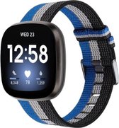 Nylon Smartwatch bandje - Geschikt voor  Fitbit Sense geweven nylon gesp band - zwart-wit-blauw - Maat: L - Strap-it Horlogeband / Polsband / Armband