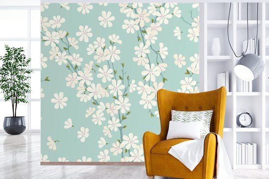 Papier peint photo vinyle - Une illustration de conception florale de fleur de cerisier largeur 240 cm x hauteur 240 cm - Tirage photo sur papier peint (disponible en 7 tailles)