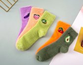 Fluffy sokken dames - 3 paar - huissokken - zachte sokken - 36-40 - mix / random - met print fruit - oranje - groen - roze - ananas - kiwi