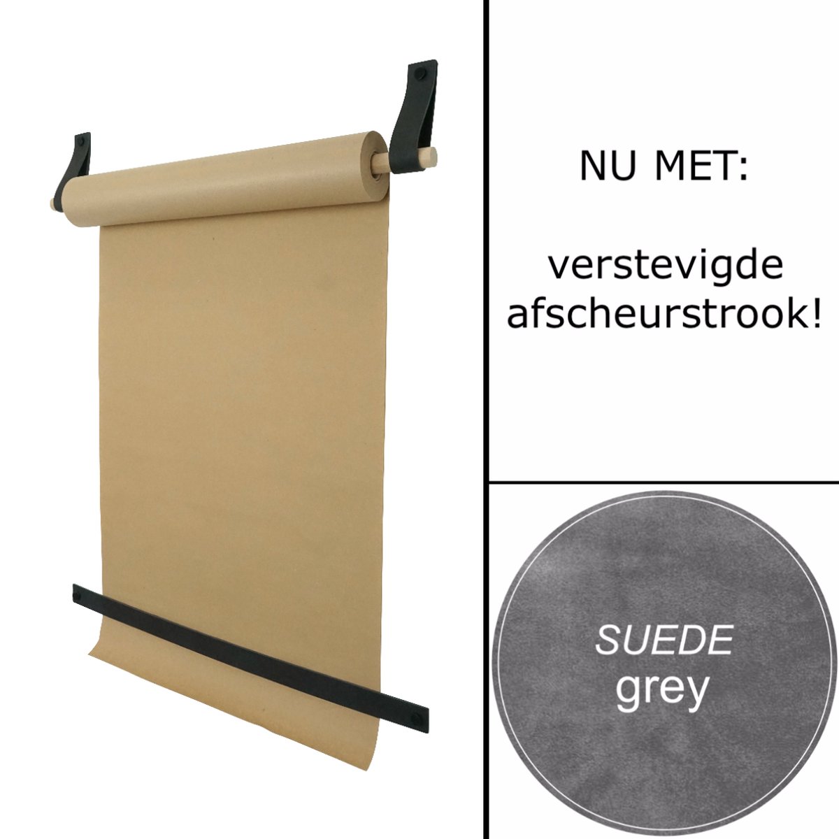 Tekenrol - aan leren lussen | SUEDE GREY (Papierrol: bruin) NU MET: verstevigde afscheurstrook! (wandborden - tekstborden - tekenbord)