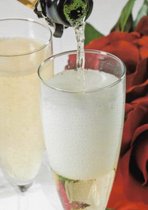 Een luxe en bijzondere blanco wenskaart met twee volle champagneglazen. Ook zijn er mooie rode rozen op de achtergrond te zien. Een dubbele wenskaart inclusief envelop en in folie verpakt.