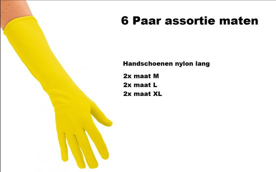 6x Paar Handschoenen nylon lang geel assortie maten M, L en XL - Themafeest | Sinterklaas | Piet | Sint | Pieten | Handschoen