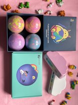 Nieuwjaarscadeau Bruisbal Cadeau Kado Set,  4 Large Bruisballen met speelgoed & 2 Regenboog Wolk - kleurenexplosie bathbomb Big kind geschenkdoos