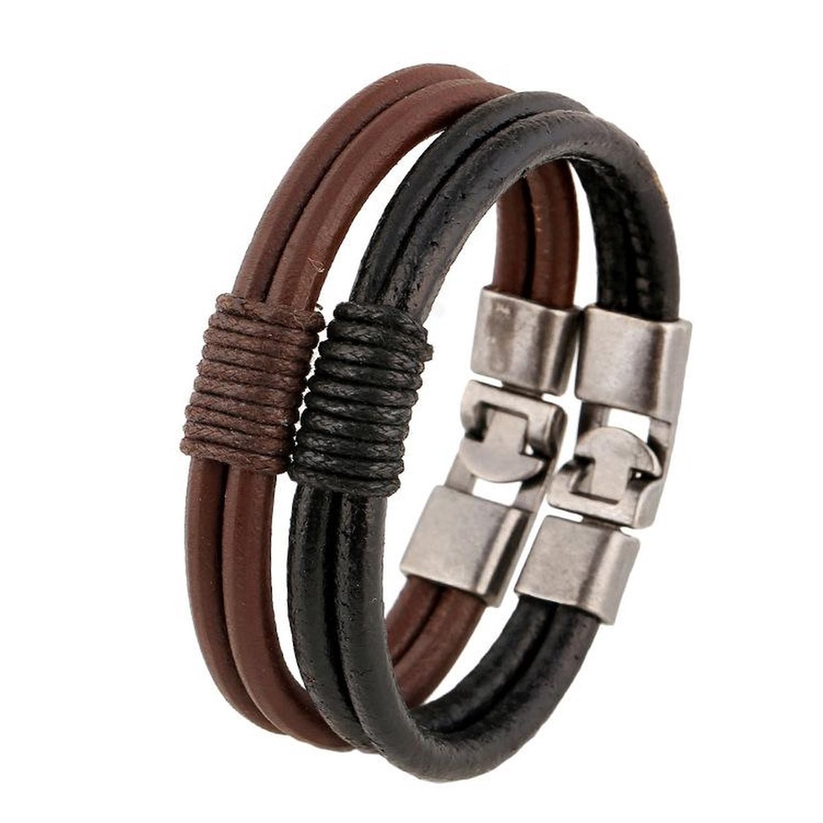 Megasieraden Zwarte Leren Armband met Stijlvolle Zilveren Accenten - Trendy Leren Armband