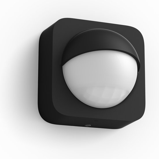 Zwarte vierkante buiten bewegingssensor met witte bolvormige sensor.