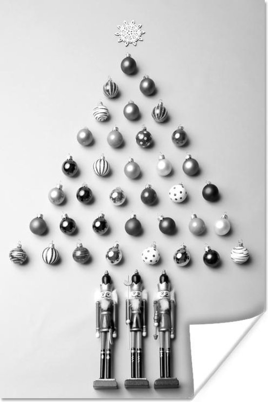 Poster Een kerstboom gemaakt van kerstballen - zwart wit - 80x120 cm -  Kerstmis... | bol.com
