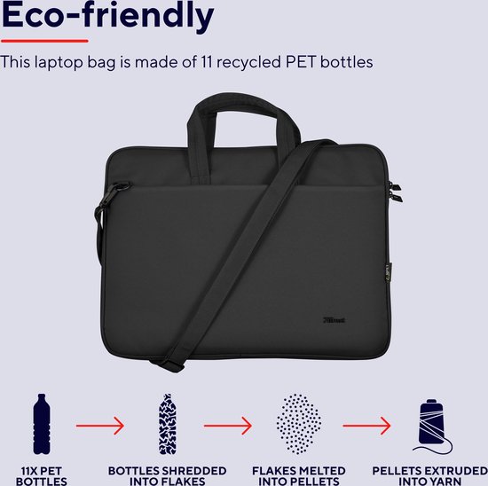Afbeelding van een zwarte laptoptas, met tekst die uitlegt dat deze is gemaakt van 11 gerecyclede PET-flessen.