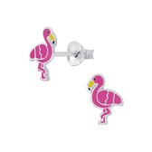 Joy|S - Zilveren Flamingo oorbellen - roze vogel - 7 x 9 mm
