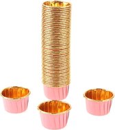 50 Stuks Muffin Cupcake Bakvormen – Luxe Papieren Bak Vormpjes – Roze  / Goud