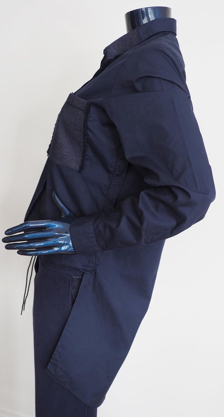 YELIZ YAKAR - Luxe dames  overhemd “Gunnar” - lange tunic blouse met een jeans stoff detail - donker blauw - katoen - maat M-38 - designer kleding