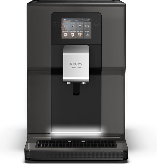 Zwarte Krups Intuition volautomaat met touchscreen en koffiekeuzes.