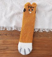 Fluffy Sokken Dames - dikke winter sokken - oranje / bruin - Maat 36-40 - met gezicht / oortjes