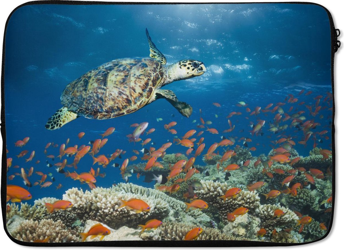 Laptophoes 13 inch - Koraalrif met schildpad - Laptop sleeve - Binnenmaat 32x22,5 cm - Zwarte achterkant