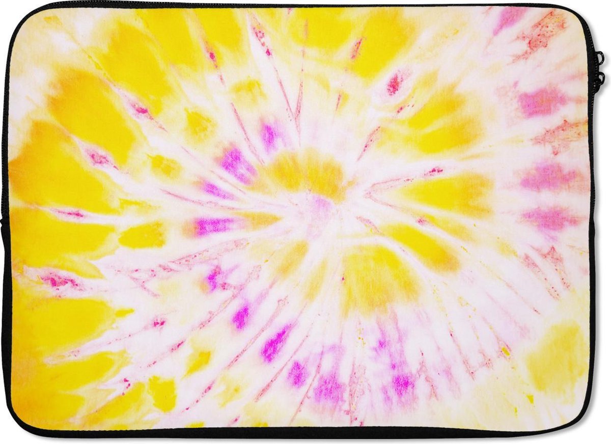 Laptophoes 14 inch - Zomer - Tie dye - Geel - Laptop sleeve - Binnenmaat 33x23 cm - Zwarte achterkant