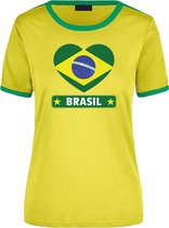 Brasil geel/groen ringer t-shirt Brazilie vlag in hart - dames - landen shirt - Braziliaanse fan / supporter kleding S