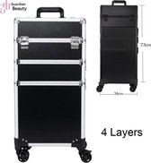 Beautycase / Beautykoffer / Trolley Zwart Kleur van Aluminium - Bekleed met een hoge kwaliteit zwart fluweel - 8 wielen - Driedelig - Kapper - Tattoo - Nagel - Visagie - Make-up -