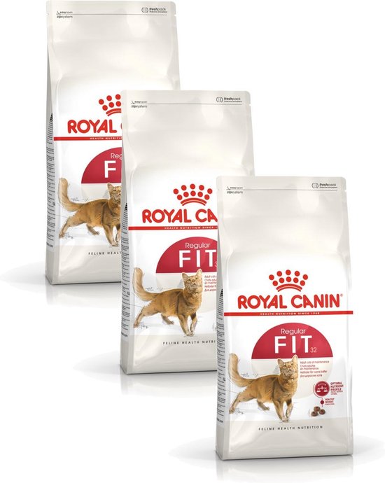 Drie zakken Royal Canin kattenvoer Fit 32 op een rij, met oranje katten.