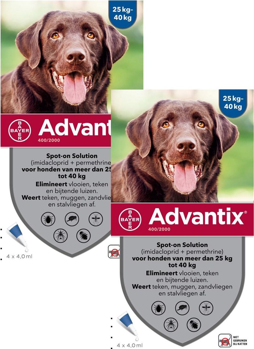 Bayer Advantix Vlooien & Teken Pipetten - Hond 25 tot 40kg - 2 x 4 stuks |  bol.com