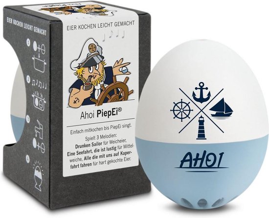 Kookwekker 'Ahoi Piepei' in maritieme stijl, wit met blauw, met zeeman en scheepsdetails.