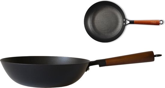 Wok en fonte avec revêtement émaillé - Poêle antiadhésive avec poignée en  bois détachable - Ustensile de cuisine