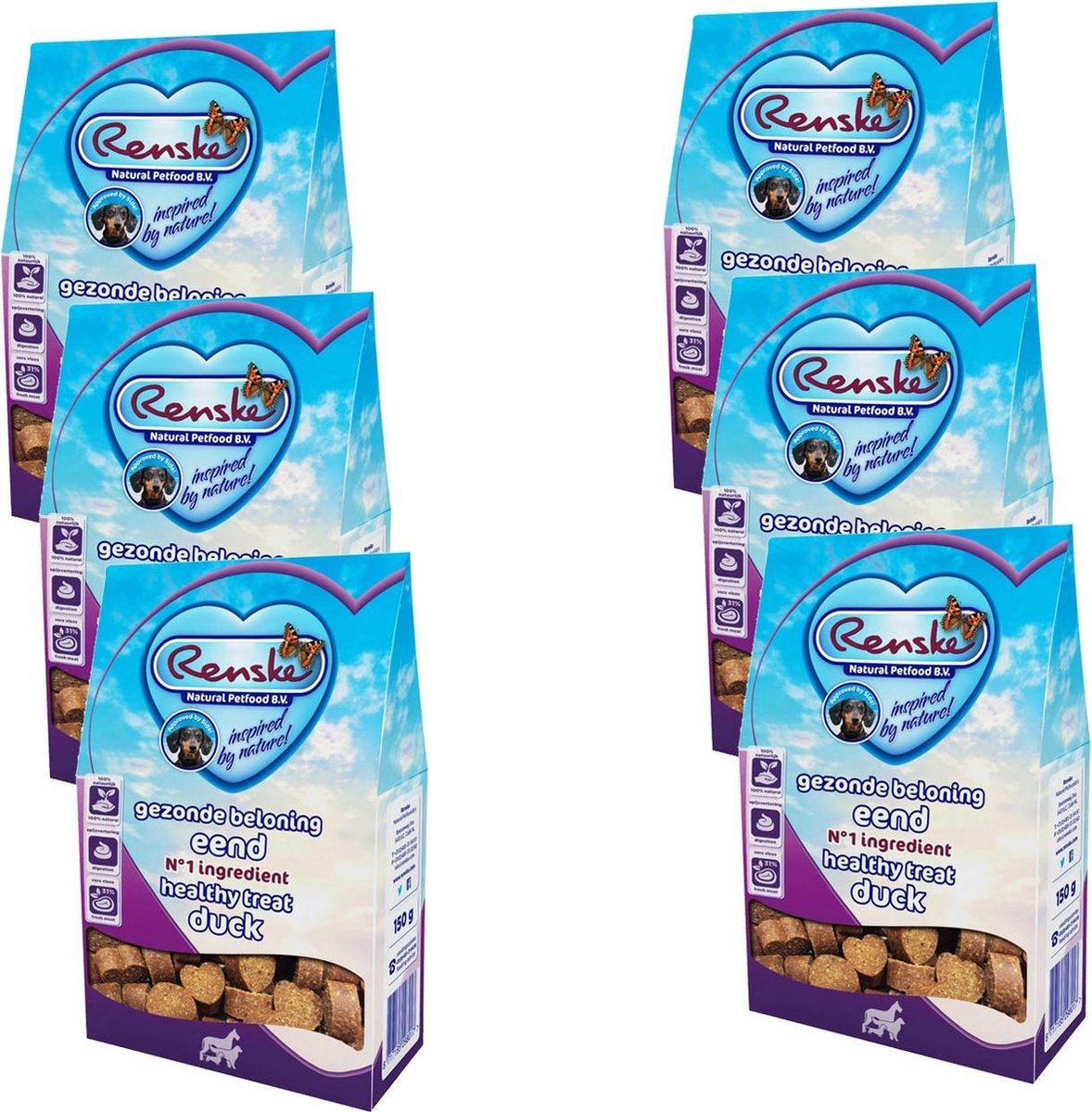 Renske Gezonde Beloning Hartjes 150 g - Hondensnacks - 6 x Eend