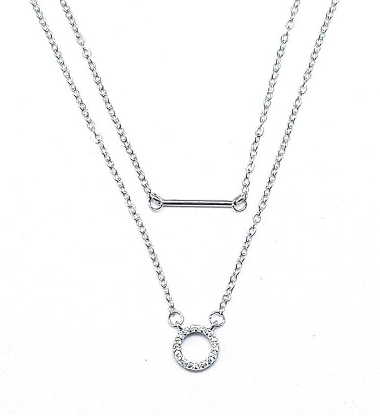 Ketting Dames- Hip Layer 2 lagen Ketting- Zilver 925- Staafje Diamant Rondje-  Vrouw-... | bol.com