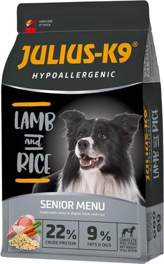 Julius-K9 Senior – Hypoallergeen hondenvoer met lam & rijst – Hondenbrokken voor oudere honden met gevoelige spijsvertering – 12kg