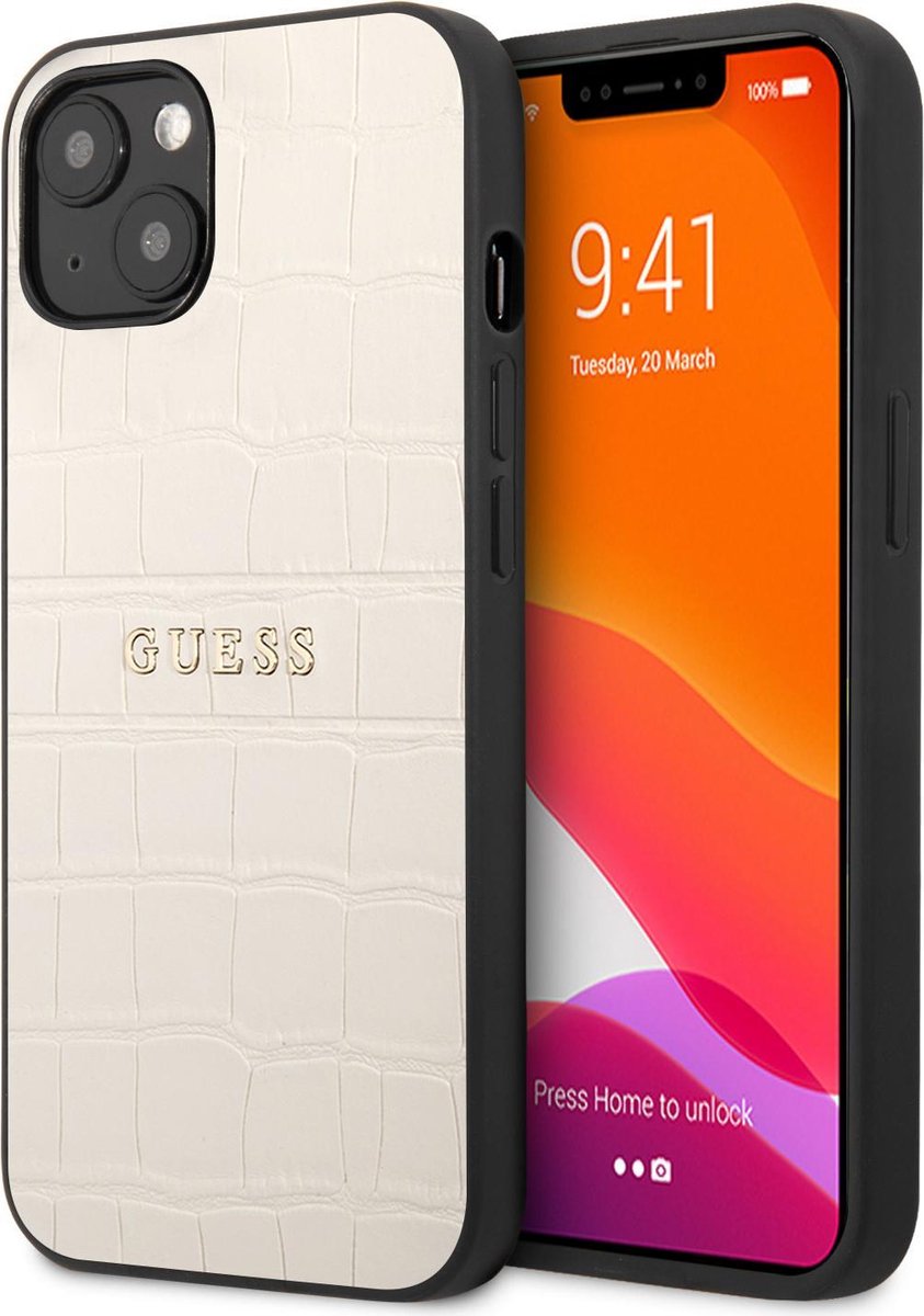 Beige hoesje van Guess - Hardcase Backcover - iPhone 13 - Croco Lines